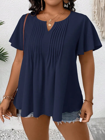 Plus Notched Neckline Fold Pleated Blouse