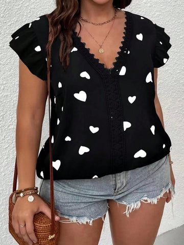 Plus Heart Print Guipure Lace Panel Butterfly Sleeve Blouse