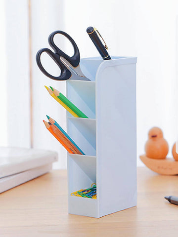 1pc Solid Color Pen Holder, Simple Multi-grid Desktop Stationery Storage Box For Office, Student Stationery Storage
