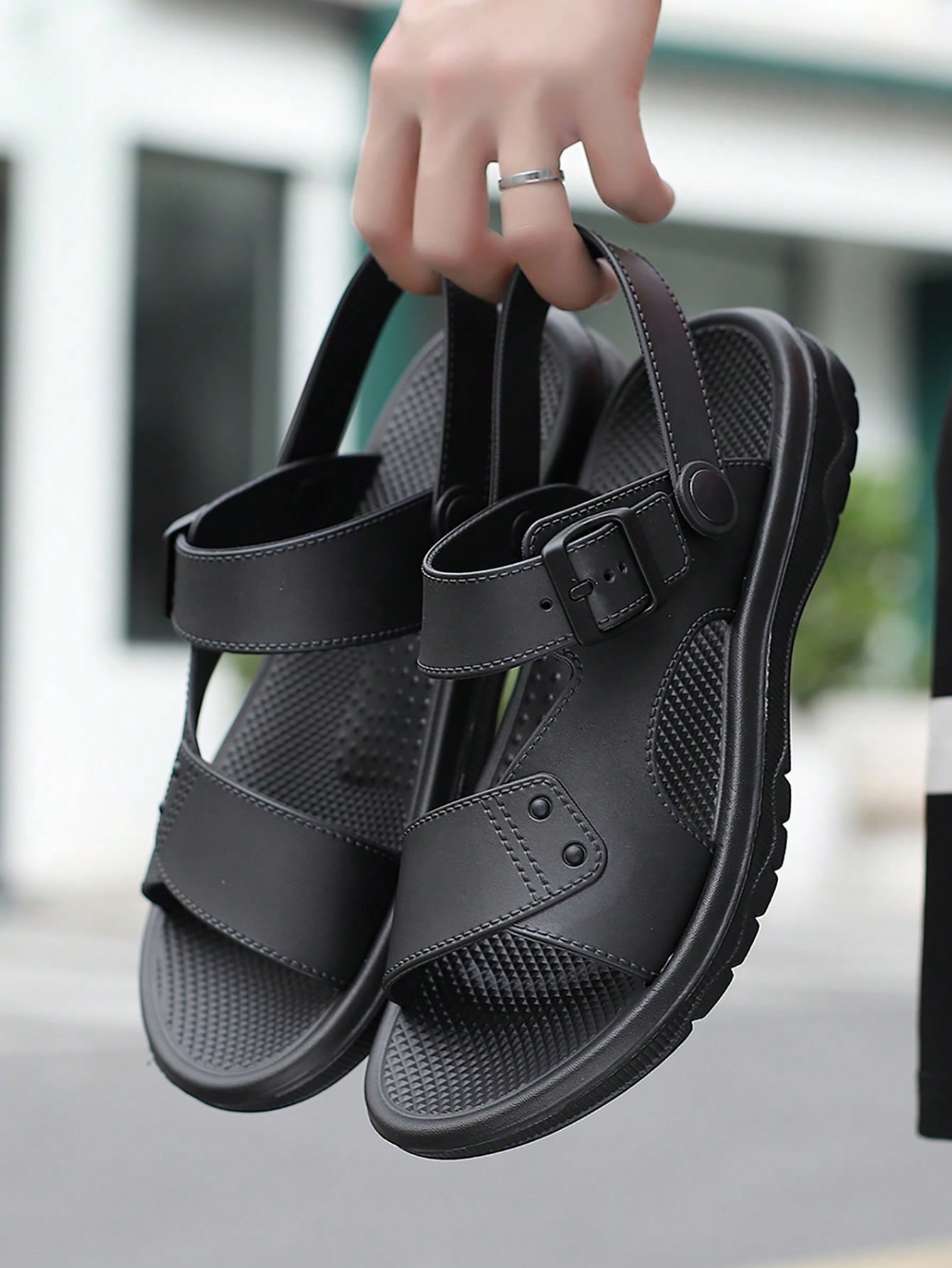 Men Buckle Decor Multi-way Wear Sandals, Sport Black PVC Sport Sandals