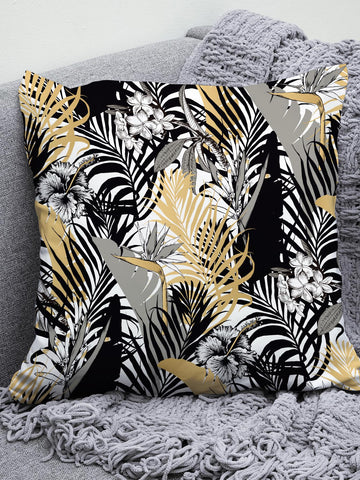 1pc Tropical Print Cushion Cover Without Filler, Modern Leaf & Flower Print Decorative Cushion Cover For Bed, Sofa