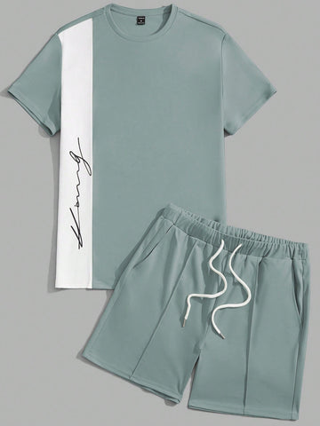 Men Letter Graphic Colorblock Tee & Drawstring Waist Shorts