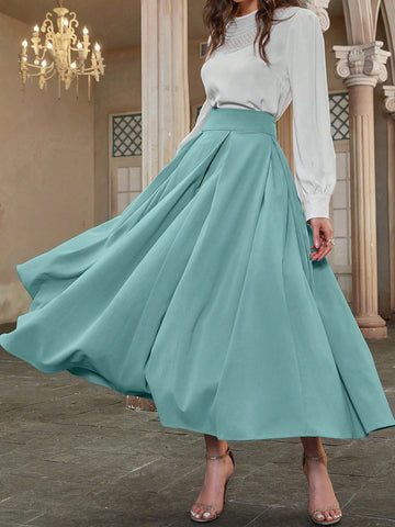 High Waist Fold Pleated Detail Flare Skirt