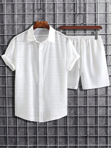 Men Solid Button Up Shirt & Drawstring Waist Shorts