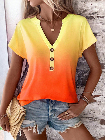 Ombre Button Detail Batwing Sleeve Tee