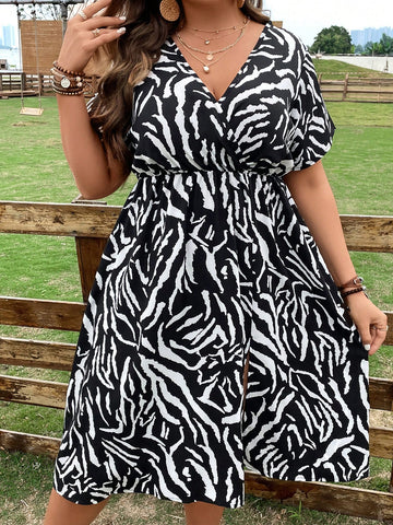 Plus Zebra Striped Batwing Sleeve Dress