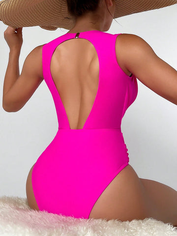 Solid Ruched Wrap Cross Backless One Piece Swimsuit