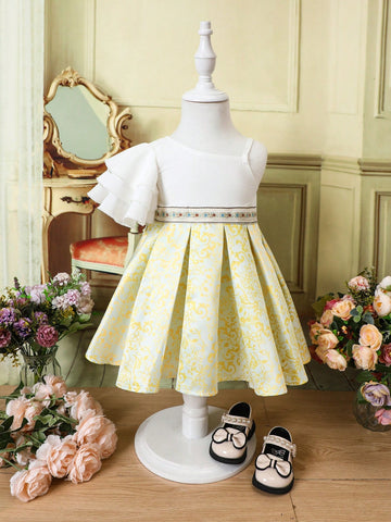 Baby Floral Print Asymmetrical Neck Fold Pleated Detail Dress