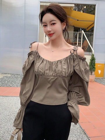 Cold Shoulder Ruched Bust Flounce Sleeve Blouse