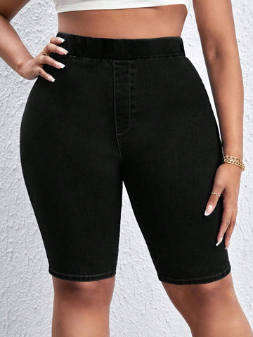 Plus Size Plain Color High Waist Skinny Shorts, For Summer, Sports