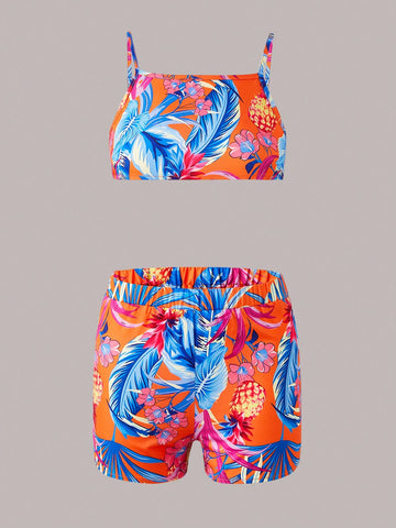 Girls Tropical Print Drop Shoulder Kimono & Cami Top & Shorts