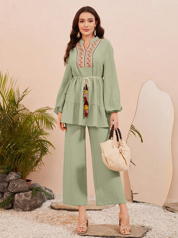 Floral Embroidery Tassel Detail Belted Top & Wide Leg Pants