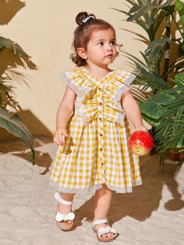 Baby Gingham Print Ruffle Trim Button Front Dress