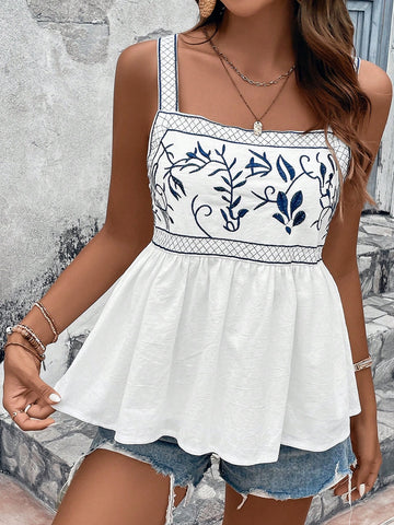 Floral Embroidery Peplum Cami Top