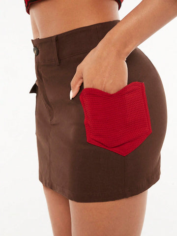 Pocket Side Button Front Skirt