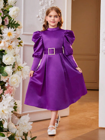 Tween Girl Deep Purple Vintage Palace Style Metal Belted A-Line Dress With Waist Slimming Design
