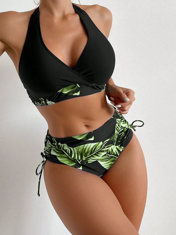 Tropical Print Drawstring Side Halter Bikini Swimsuit