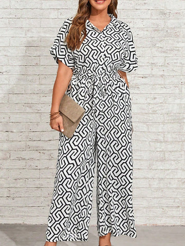 Plus Allover Print Belted Shirt Jumpsuit