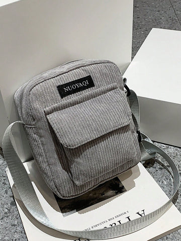 Mini Letter Patch Square Bag Gray Corduroy Adjustable Strap For Daily, Handbag Schoolbag For Travel, College, School, Outdoors, Sports Crossbody Bag Sling Bag Shoulder Bag Side Bag Square Bag For Holiday Travel Essentials Summer Gifts For Boyfriend Men Gi
