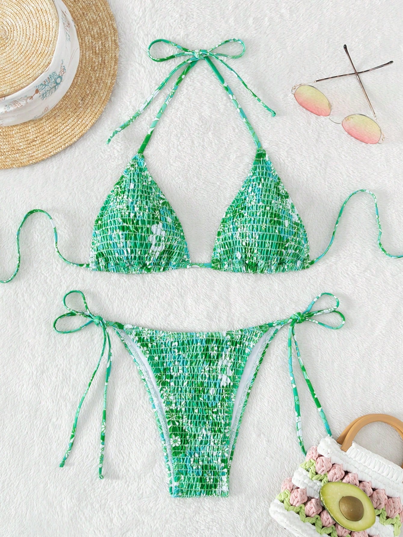 Summer Beach Floral Print Smocked Triangle Tie Side Bikini Swimsuit