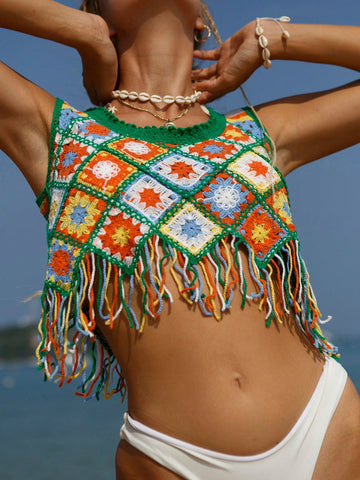 Floral Crochet Fringe Hem Cover Up