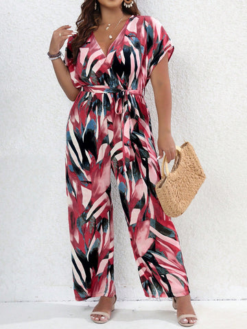 Plus Allover Print Batwing Sleeve Belted Jumpsuit