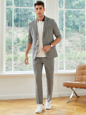 Men Striped Print Lapel Neck Blazer & Suit Pants Without Tee