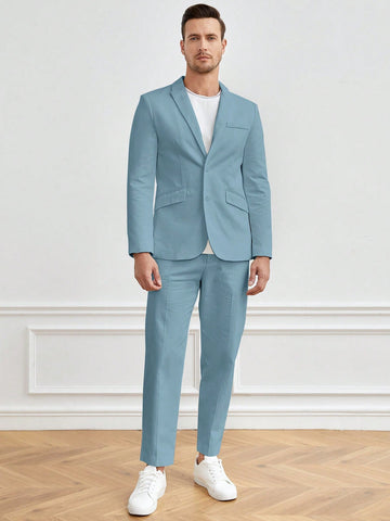 Men Cotton Solid Single Button Blazer & Pants Set Without Tee
