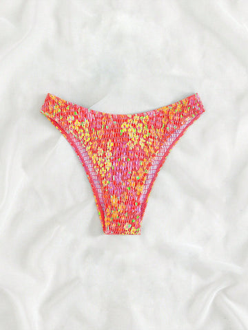 Summer Beach Floral Print Smocked Bikini Bottom