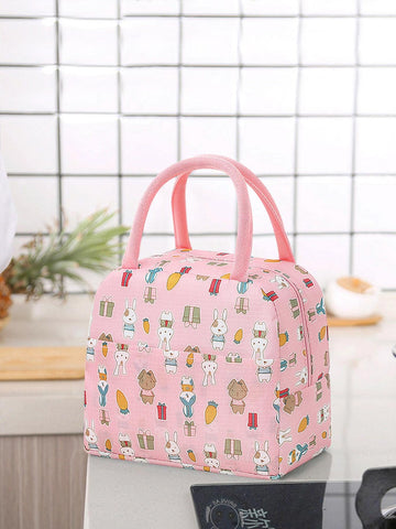 1pc Cartoon Graphic Portable Lunch Bag, Modern Polyester Insulated Lunch Bag For Office Work School Picnic Beach