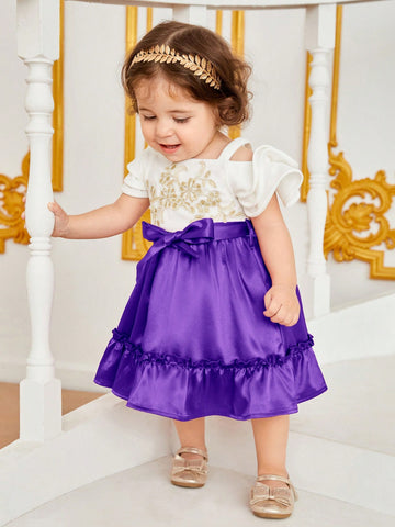 Baby Floral Appliques Frill Trim Belted Ruffle Hem Dress