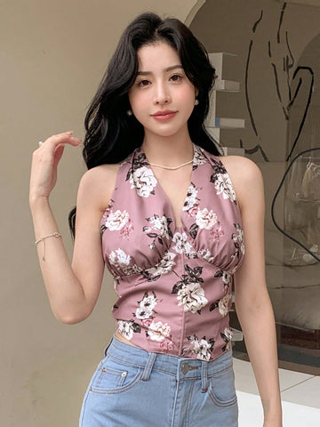 Floral Print Ruched Bust Tie Backless Halter Top