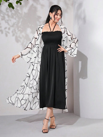 Shirred Halter Dress & Flounce Sleeve Allover Print Coat
