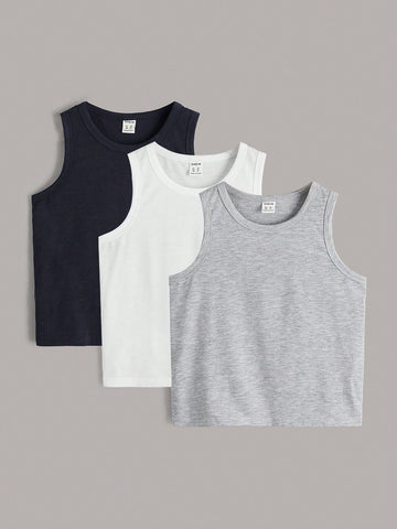 3pcs Young Boy Loose Fit Round Neck Tank Tops, Summer
