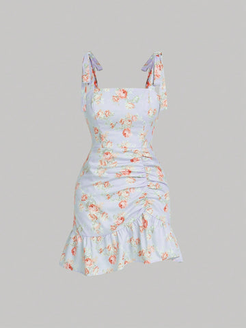 Allover Floral Print Tie Shoulder Ruffle Hem Cami Dress