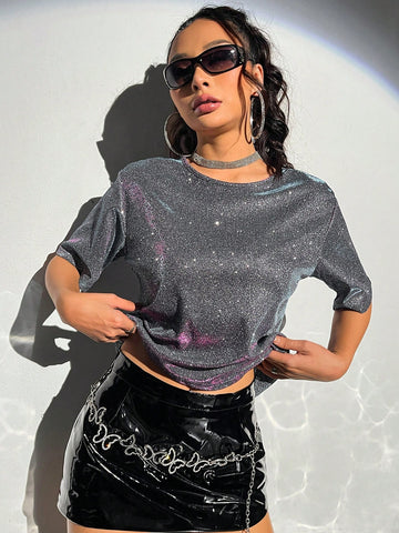 Glitter Cut Out Front Crop Tee