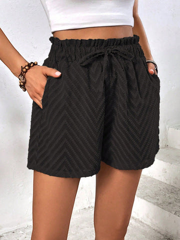 Solid Paperbag Waist Tie Front Shorts