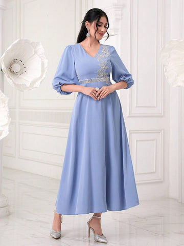 Floral Embroidery Lantern Sleeve A-line Dress