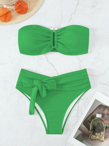 Summer Beach Knot Front Bandeau Bikini Swimsuit