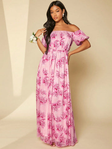 Floral Print Off Shoulder Split Thigh Bridesmaid Dress