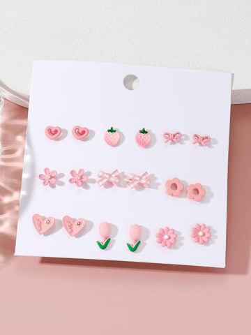 18pcs/set Concise, Elegant, Charming, Stylish, And Cute Themed Earrings Set: Heart, Bowknot, Petal, Strawberry, Rose, Animal Paw, Petal, Face, Butterfly, Plastic Pearls, Lolita, Loli, For Women, Girls, Graduation, Vacation, Beach Party, Wedding, Bridesmai