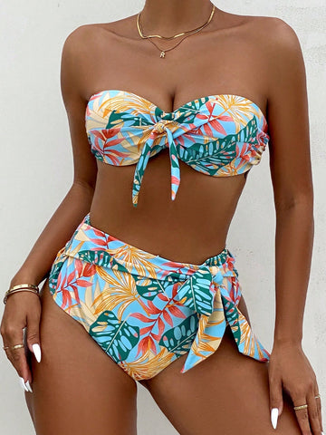 Tropical Print Knot Front Bandeau Bikini Swimsuit
