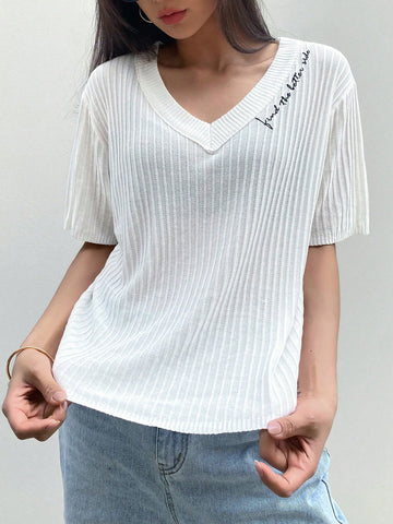 Letter Embroidery Ribbed Knit Top
