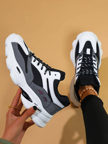 Women Colorblock Lace-up Front Chunky Sneakers, Sporty Outdoor Mesh Sports Shoes