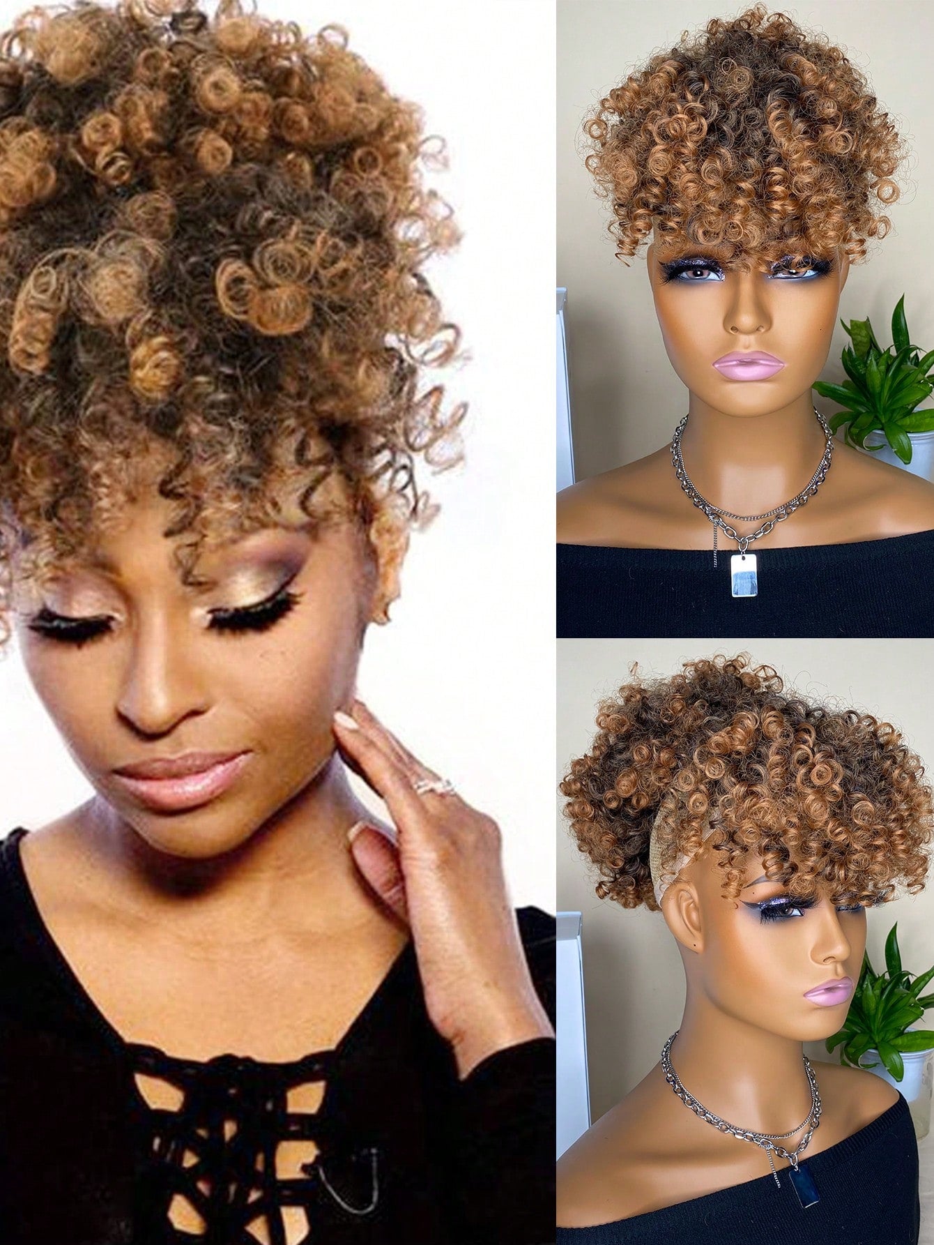 Synthetic Heat Resistant Wigs Short Kinky Curly Puff Drawstring Ponytail with Bangs T1B/30 6inch Pineapple Updo Hair for Women