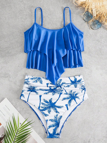 Tropical Print Ruffle Hem Ruched Bikini Swimsuit