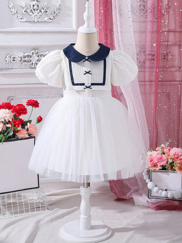 Toddler Girls Contrast Collar Puff Sleeve Bow Front Mesh Overlay Dress