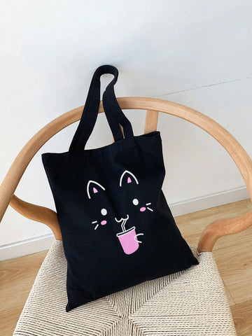 1pc Girls Cat Pattern Canvas Shopper Bag