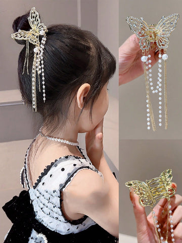 1pc Girls' Fairy Bellflower Butterfly Tassel Hair Clip With Small Rhinestone Stars, Pearls And Tassels, Elegant, , Vintage, Daily Wear, Travel And Vacation