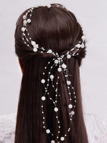 2pcs Girls Faux Pearl Decor Hair Chain For Hair Decoration